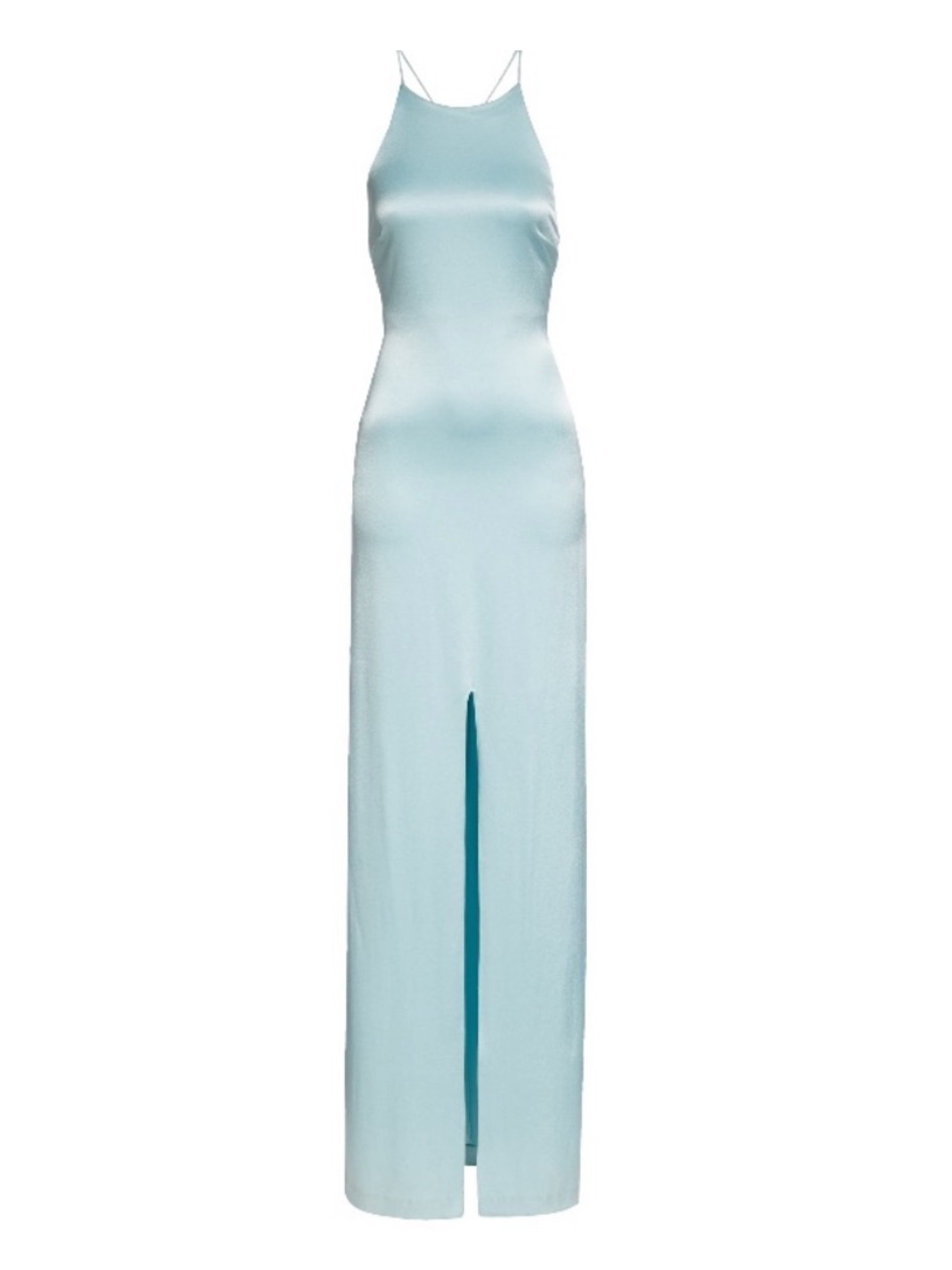 Alice + Olivia Pale Blue Satin Bias-Cut Slip Gown With Front Slit